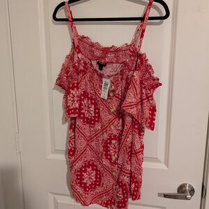 TORRID SIZE 2 2X 18-20 RAYON CREPE SMOCKED COLD SHOULDER BLOUSE RED WHITE NWT